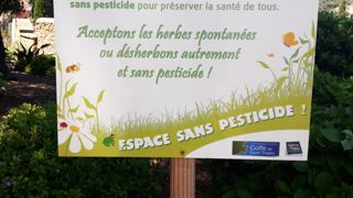 De plus en plus de communes s’engagent à ne plus utiliser de pesticides dans leurs espaces verts et sensibilisent les habitants à cette démarche, comme ici à Grimaud (Var). ©Léna Hespel De plus en plus de communes s’engagent à ne plus utiliser de pesticides dans leurs espaces verts et sensibilisent les habitants à cette démarche, comme ici à Grimaud (Var). ©Léna Hespel